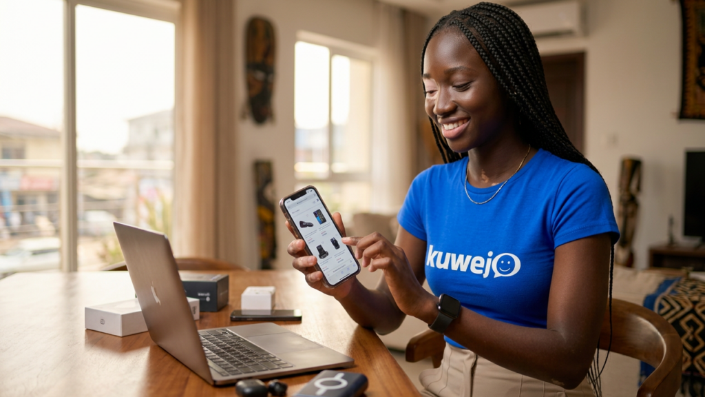 femme utilisant un smartphone pour acheter sur un site e-commerce à Kinshasa