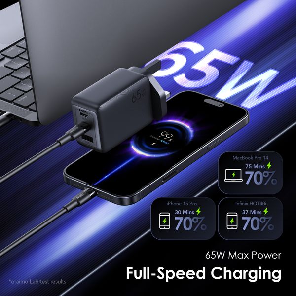 Oraimo HyperGaN 65 65W GaN Wall Charger Kit with 100W CC Cable Oraimo HyperGaN 65 65W GaN Wall Charger Kit with 100W CC Cable