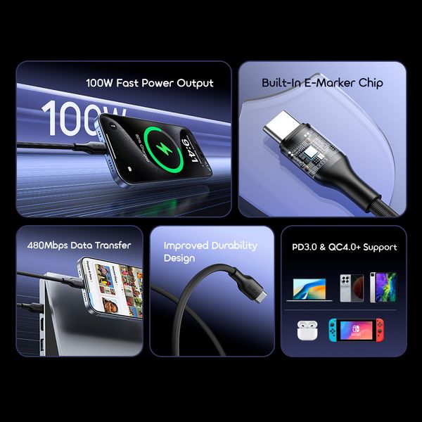 Oraimo RobustLine 100W High‑Speed Durable Type-c to Type-c Data Cable Oraimo RobustLine 100W High‑Speed Durable Type-c to Type-c Data Cable